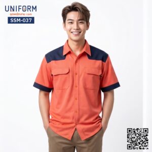 SSM-037 เสื้อช็อปช่างแขนสั้น ทูโทนสีส้มกรมท่า