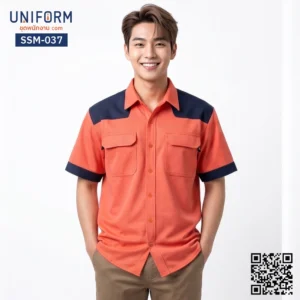 SSM-037 เสื้อช็อปช่างแขนสั้น ทูโทนสีส้มกรมท่า