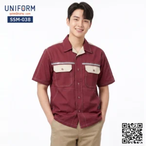 SSM-038 เสื้อช็อปช่างแขนสั้น ทูโทน สีแดงเลือดหมูแต่งกะปิ เสื้อช็อปแขนสั้นวิศวะ
