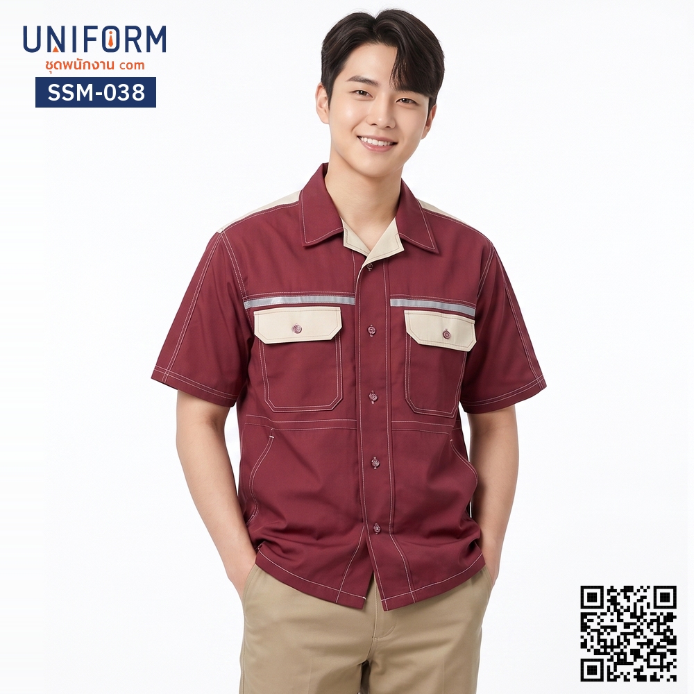SSM-038 เสื้อช็อปช่างแขนสั้น ทูโทน สีแดงเลือดหมูแต่งกะปิ เสื้อช็อปแขนสั้นวิศวะ