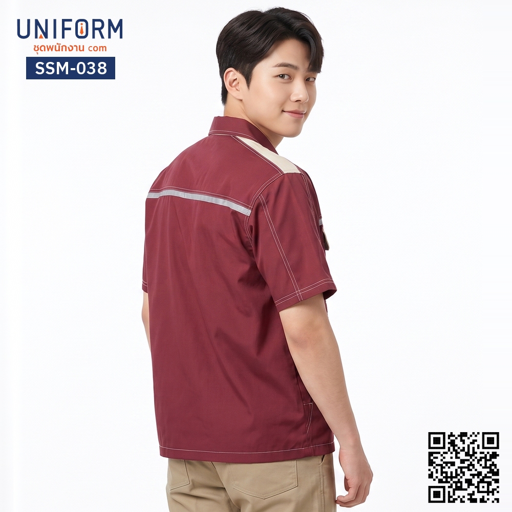 SSM-038 เสื้อช็อปช่างแขนสั้น ทูโทน สีแดงเลือดหมูแต่งกะปิ เสื้อช็อปแขนสั้นวิศวะ