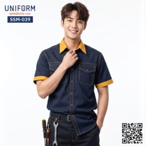 SSM-039 เสื้อช็อปช่างแขนสั้น สีกรมท่าปกเหลือง