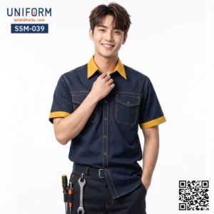 SSM-039 เสื้อช็อปช่างแขนสั้น สีกรมท่าปกเหลือง