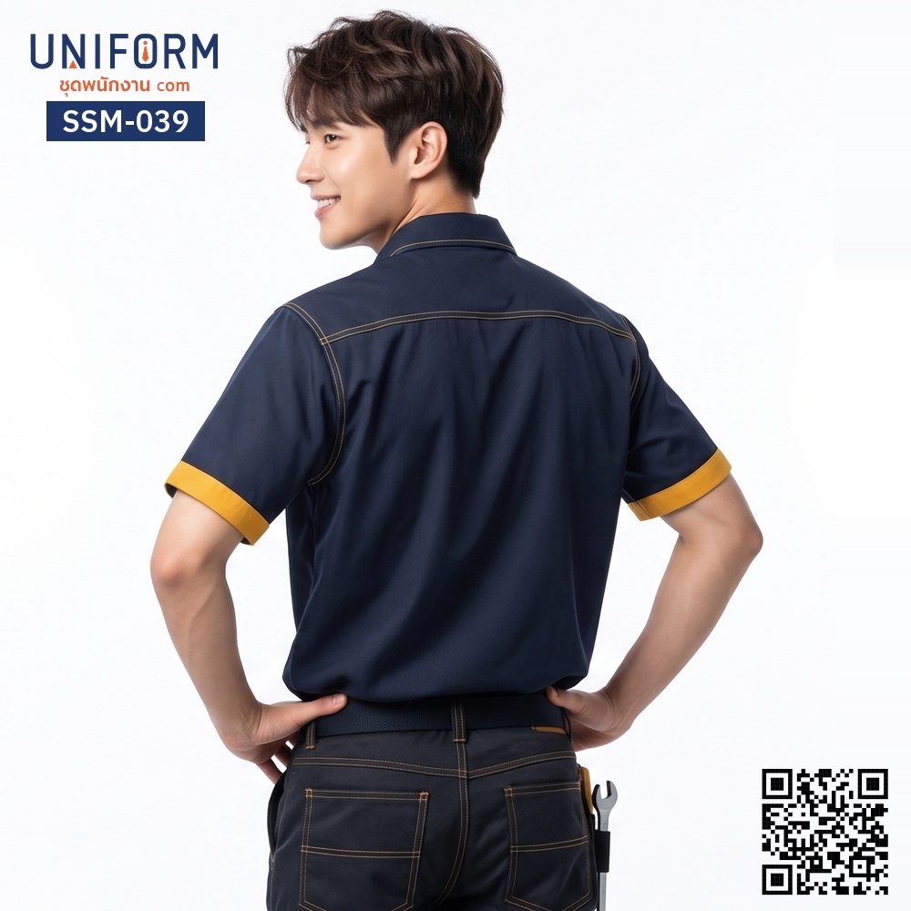 SSM-039 เสื้อช็อปช่างแขนสั้น สีกรมท่าปกเหลือง