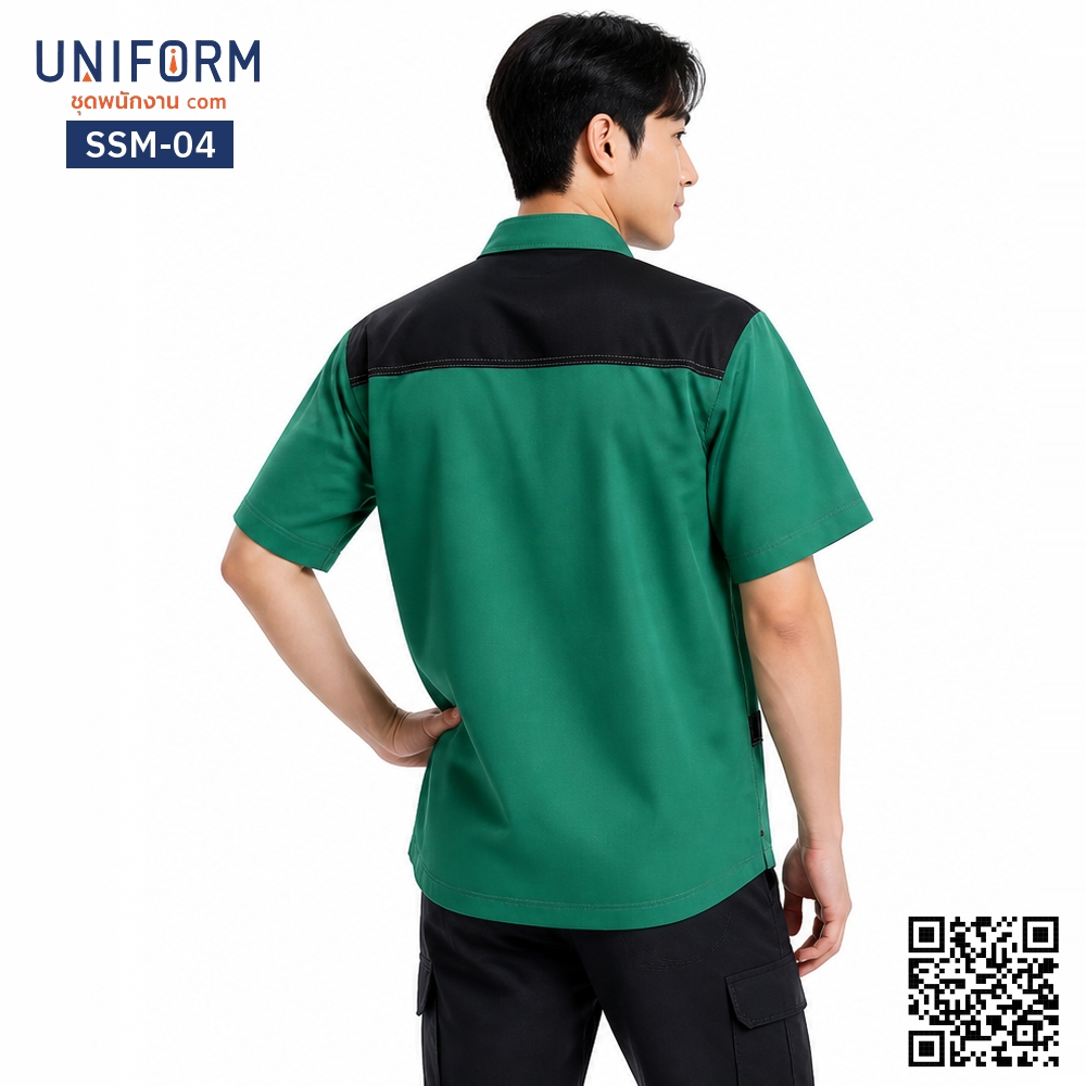 Short sleeve mechanic shop shirt SSM-04, two tone green and black.