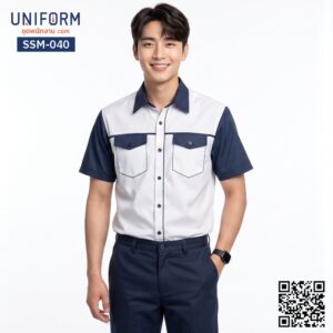 SSM-040 เสื้อช็อปช่างแขนสั้น ทูโทน สีขาวกรมท่า
