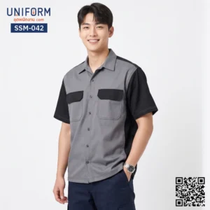 SSM-042 เสื้อช็อปช่างแขนสั้น ทูโทน เทา-ดำ