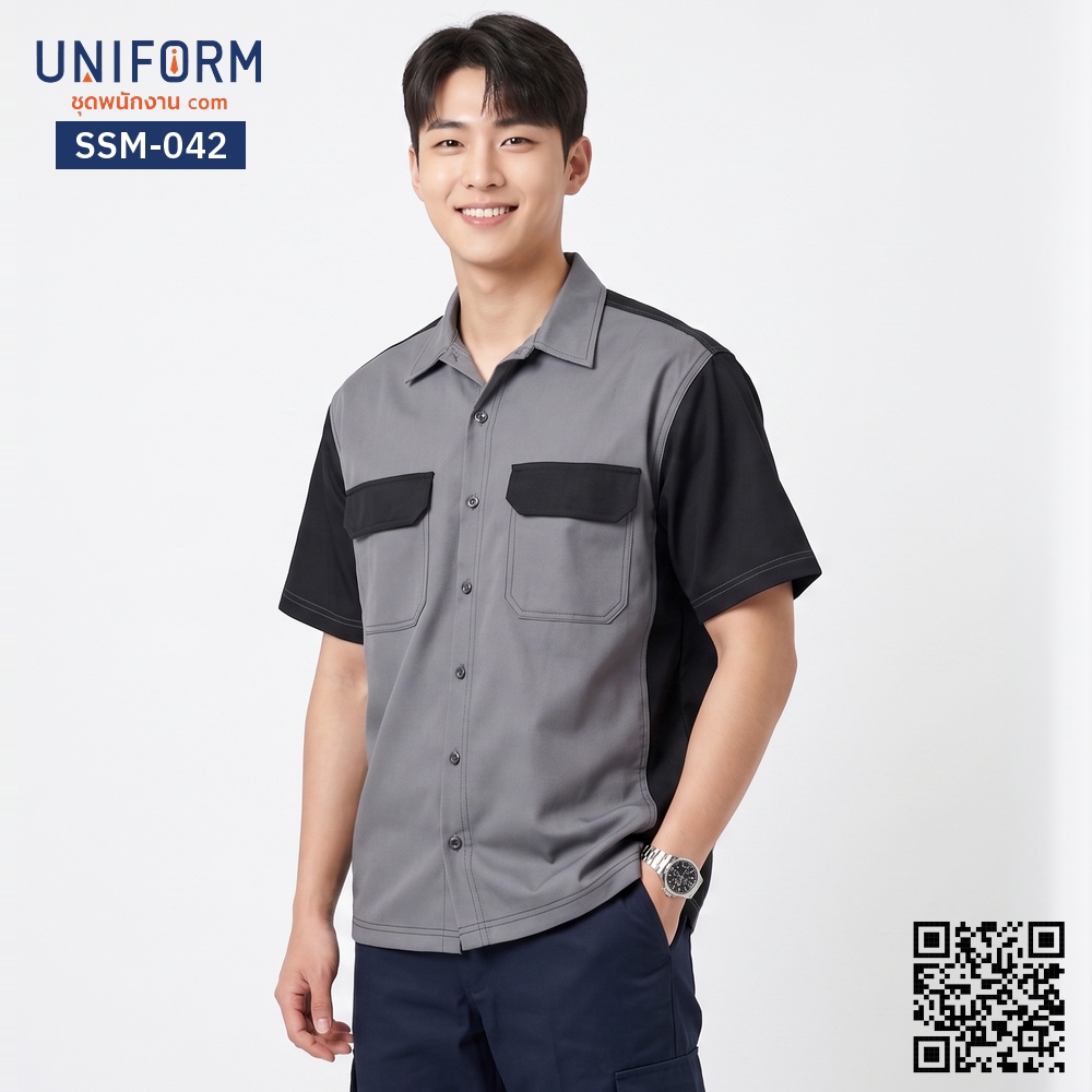 SSM-042 เสื้อช็อปช่างแขนสั้น ทูโทน เทา-ดำ