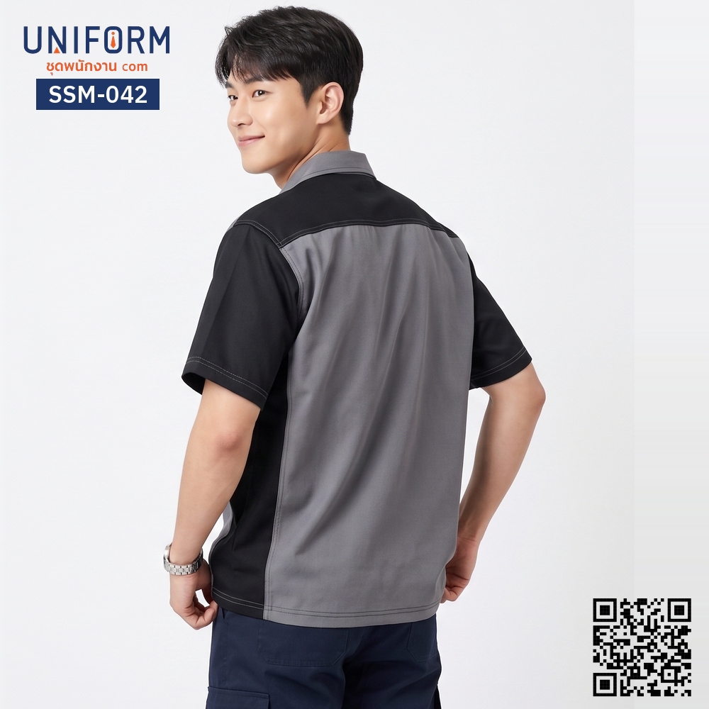 SSM-042 เสื้อช็อปช่างแขนสั้น ทูโทน เทา-ดำ