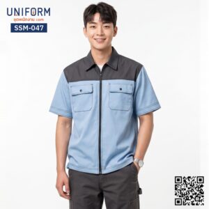 SSM-047 เสื้อช็อปช่างแขนสั้น ทูโทน สีฟ้าเทา ดีไซน์ลุยงาน