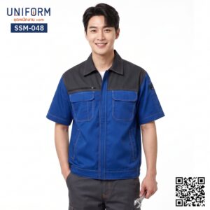 SSM-048 เสื้อช็อปช่างแขนสั้น ทูโทน สีน้ำเงินเทา สวมใส่สบาย