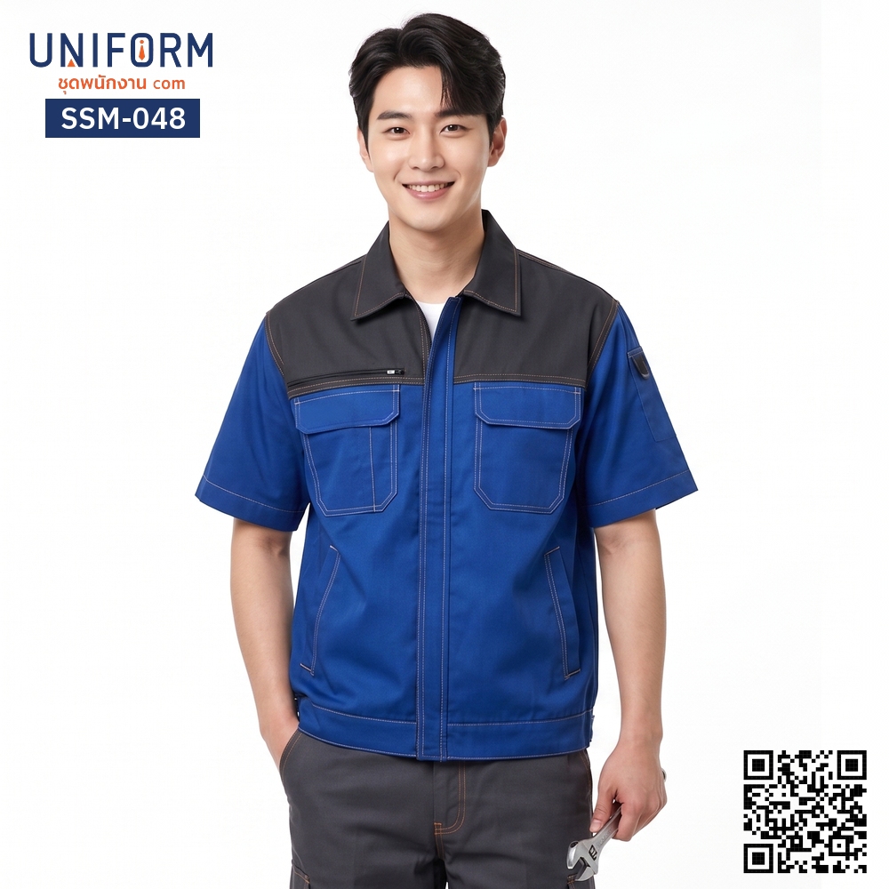 SSM-048 เสื้อช็อปช่างแขนสั้น ทูโทน สีน้ำเงินเทา สวมใส่สบาย