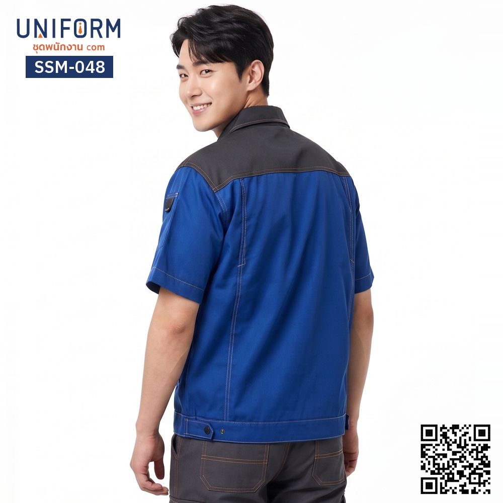 SSM-048 เสื้อช็อปช่างแขนสั้น ทูโทน สีน้ำเงินเทา สวมใส่สบาย