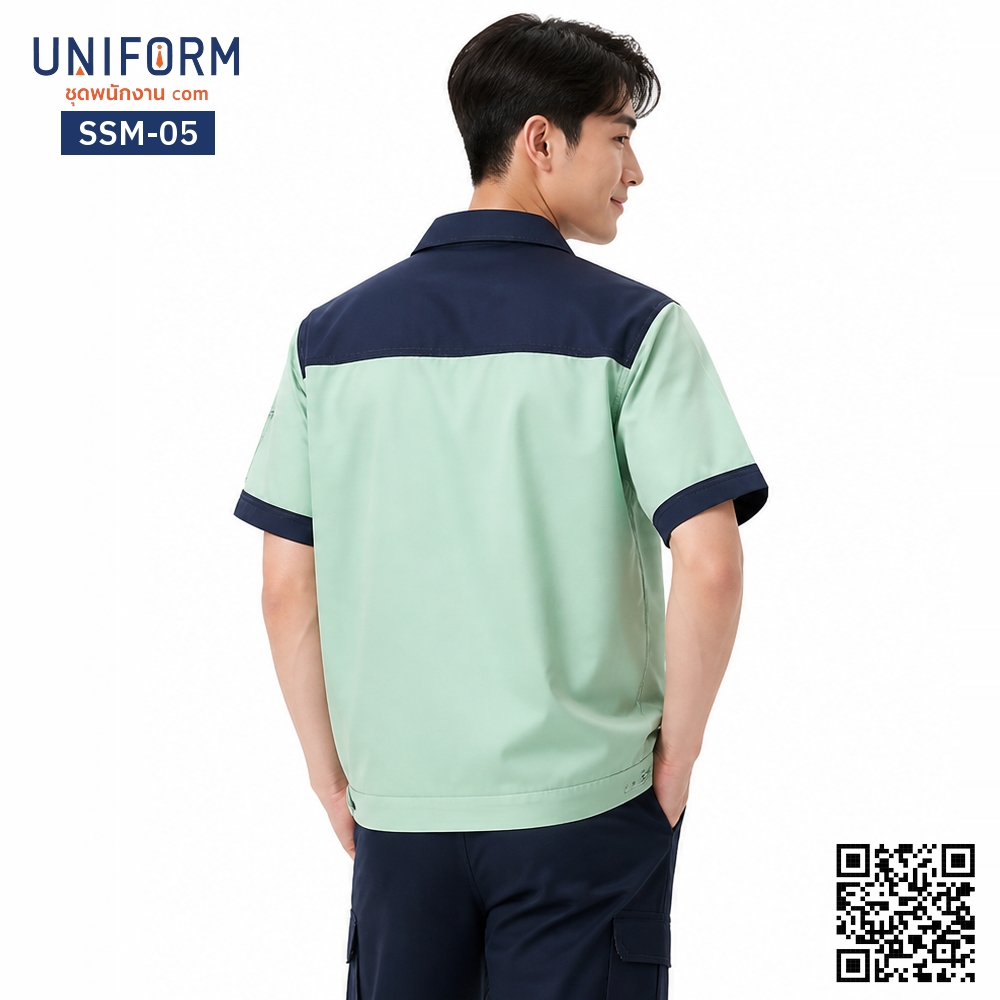 SSM-05 Short sleeve mechanic shop shirt, two tone, green and navy blue. Front zipper design
