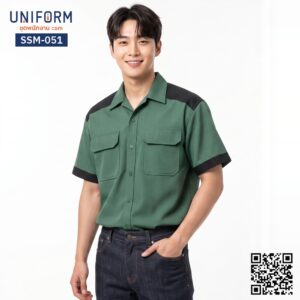 SSM-051 เสื้อช็อปช่างแขนสั้น ทูโทนสีเขียวดำ สวมใส่สบาย