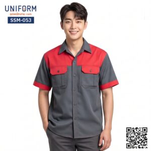 SSM-053 เสื้อช็อปช่างแขนสั้น ทูโทน สีเทาแดง ดีไซน์มืออาชีพ
