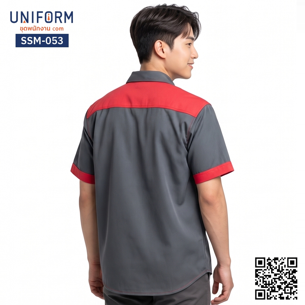 SSM-053 เสื้อช็อปช่างแขนสั้น ทูโทน สีเทาแดง ดีไซน์มืออาชีพ