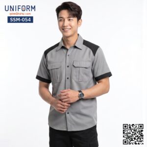 SSM-054 เสื้อช็อปช่างแขนสั้น ทูโทน สีเทาดำ ดีไซน์ทันสมัย