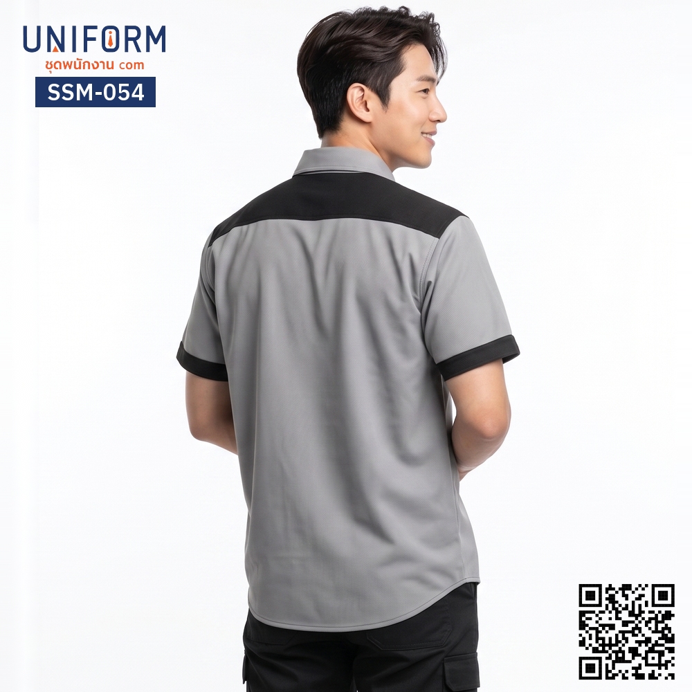 SSM-054 เสื้อช็อปช่างแขนสั้น ทูโทน สีเทาดำ ดีไซน์ทันสมัย