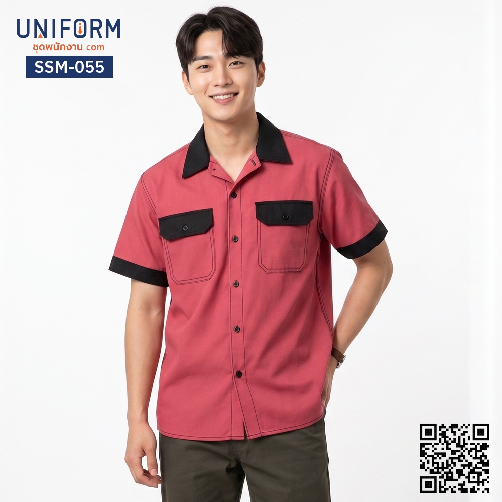 SSM-055 เสื้อช็อปช่างแขนสั้น ทูโทน สีแดงแต่งดำ ทนทาน