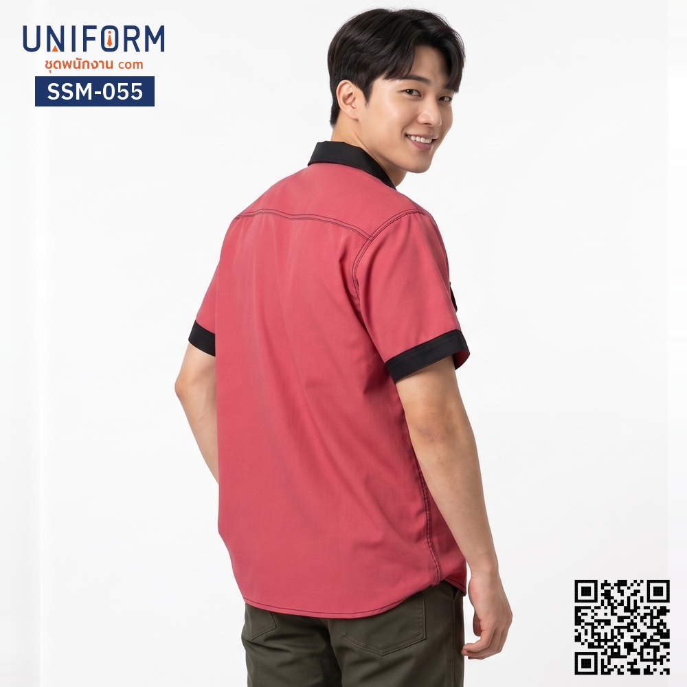 SSM-055 เสื้อช็อปช่างแขนสั้น ทูโทน สีแดงแต่งดำ ทนทาน