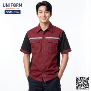 SSM-056 เสื้อช็อปช่างแขนสั้น ทูโทนสีแดงดำ สไตล์เสื้อช็อปแขนสั้นวิศวะ