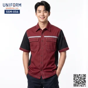 SSM-056 เสื้อช็อปช่างแขนสั้น ทูโทนสีแดงดำ สไตล์เสื้อช็อปแขนสั้นวิศวะ