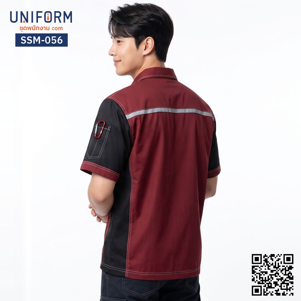 SSM-056 เสื้อช็อปช่างแขนสั้น ทูโทนสีแดงดำ สไตล์เสื้อช็อปแขนสั้นวิศวะ
