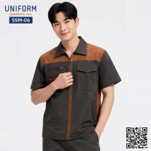 SSM-06 เสื้อช็อปช่างแขนสั้น ทูโทน สีน้ำตาลเทา เสื้อช็อปแขนสั้นพร้อมปัก