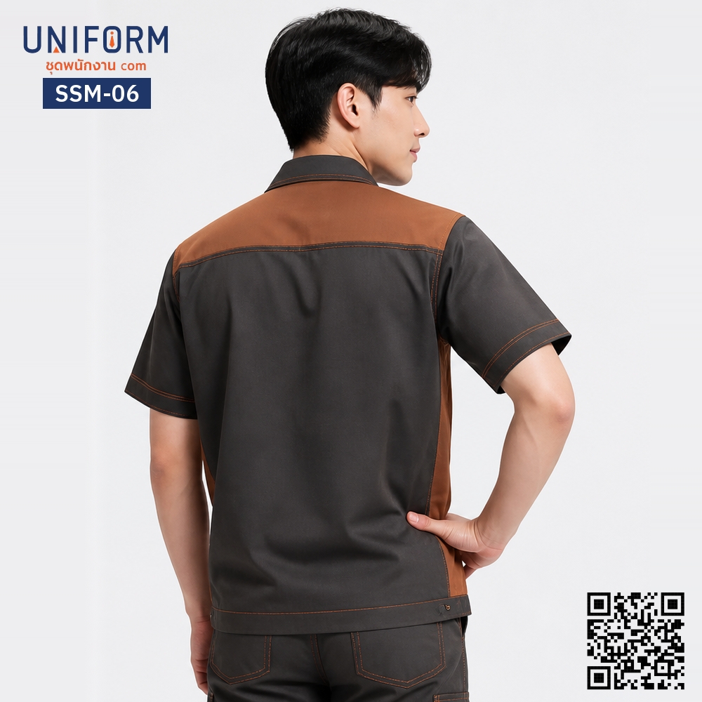 SSM-06 Short sleeve mechanic shop shirt, two tone, brown-gray, short sleeve shop shirt with embroidery.