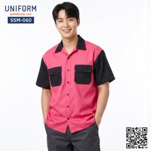 SSM-060 เสื้อช็อปช่างแขนสั้น ทูโทน สีชมพูตัดดำ สำหรับยูนิฟอร์มบริษัท