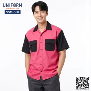 SSM-060 เสื้อช็อปช่างแขนสั้น ทูโทน สีชมพูตัดดำ สำหรับยูนิฟอร์มบริษัท