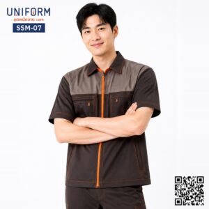 SSM-07 เสื้อช็อปช่างแขนสั้น ทูโทนสีน้ำตาลเทาแต่งซิปส้ม
