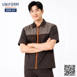 SSM-07 เสื้อช็อปช่างแขนสั้น ทูโทนสีน้ำตาลเทาแต่งซิปส้ม