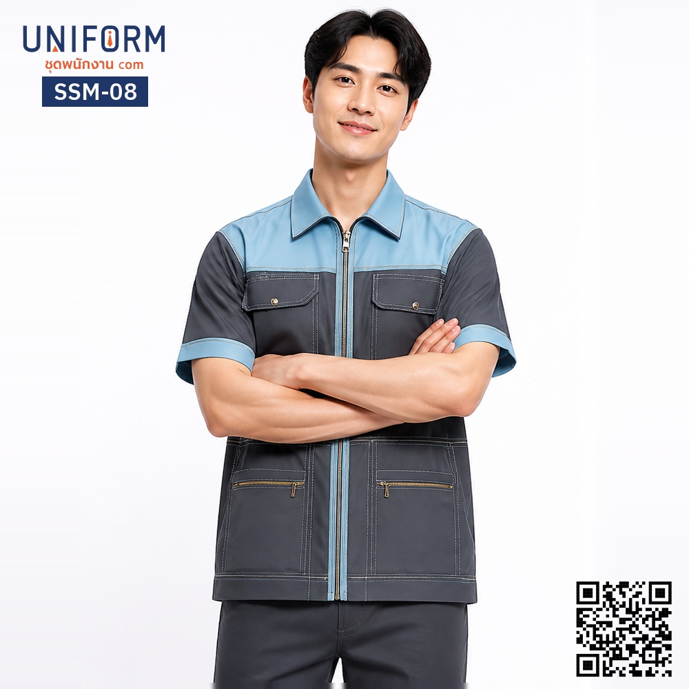SSM-08 Short-sleeved mechanic shop shirt, two-tone, grey-blue, comfortable to wear.