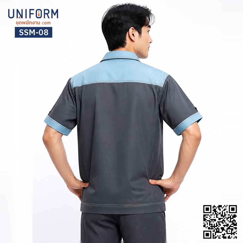 SSM-08 Short-sleeved mechanic shop shirt, two-tone, grey-blue, comfortable to wear.