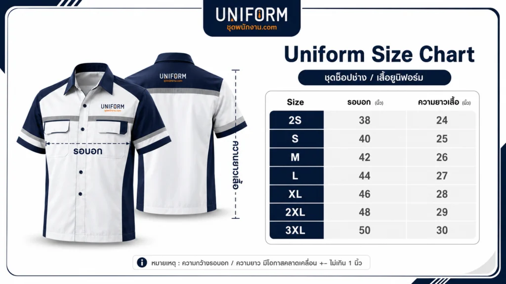 ตารางไซส์ของ SSM-071 เสื้อช็อปช่างแขนสั้น ทูโทน เทอร์คอยซ์ เทา