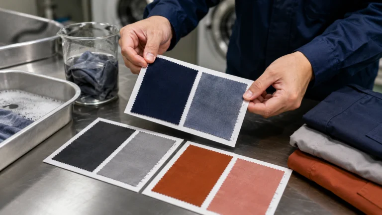 Experts are inspecting various shades of uniform fabric samples on a stainless steel table to compare color fastness and prevent fading issues prior to production.