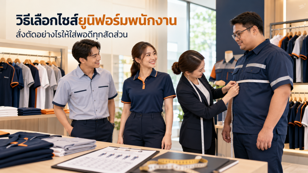 พนักงานหลายสัดส่วนกำลังลองวัดตัวและเลือกไซส์ชุดยูนิฟอร์มในโชว์รูม เพื่อสั่งตัดเสื้อพนักงานให้พอดีกับรูปร่างแต่ละคน