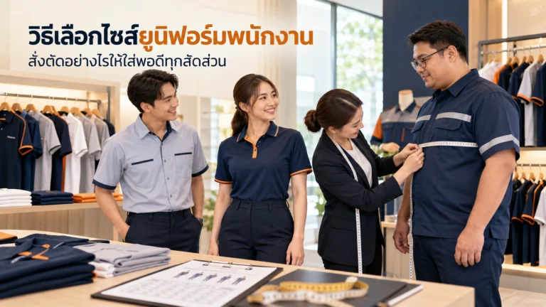 พนักงานหลายสัดส่วนกำลังลองวัดตัวและเลือกไซส์ชุดยูนิฟอร์มในโชว์รูม เพื่อสั่งตัดเสื้อพนักงานให้พอดีกับรูปร่างแต่ละคน
