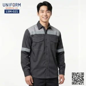LSM-021 เสื้อช็อปช่างแขนยาว สีเทาเข้มแต่งบ่าเทา