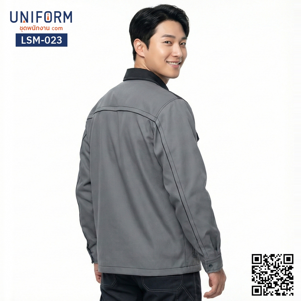 LSM-023 เสื้อช็อปช่างแขนยาว ทูโทน สีเทาดำ