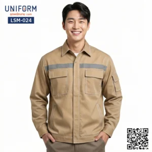 LSM-024 เสื้อช็อปช่างแขนยาว สีกากีแถบสะท้อนแสง