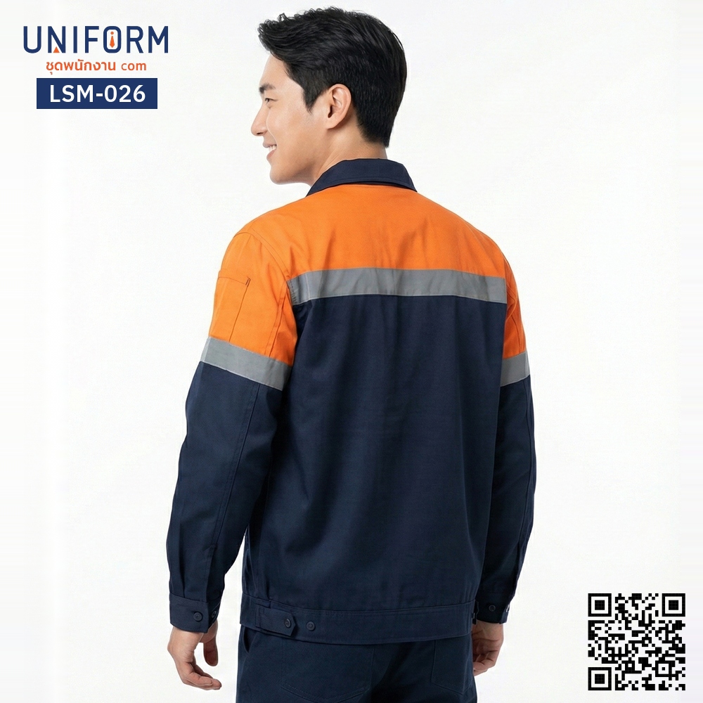 LSM-026 Long-Sleeve Two-Tone Mechanic Shirt, Navy Blue-Orange, Logo Embroidery
