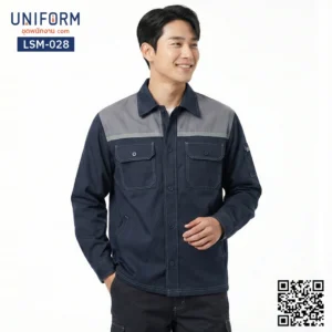 LSM-028 เสื้อช็อปช่างแขนยาว สีกรมท่าต่อเทา ดีไซน์ทูโทน