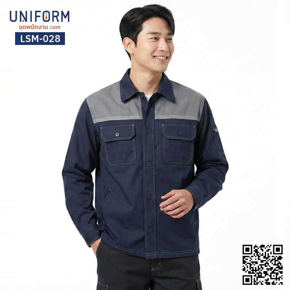 LSM-028 Long-Sleeve Technician Shirt, Navy Blue with Grey Contrast, Two-Tone Design