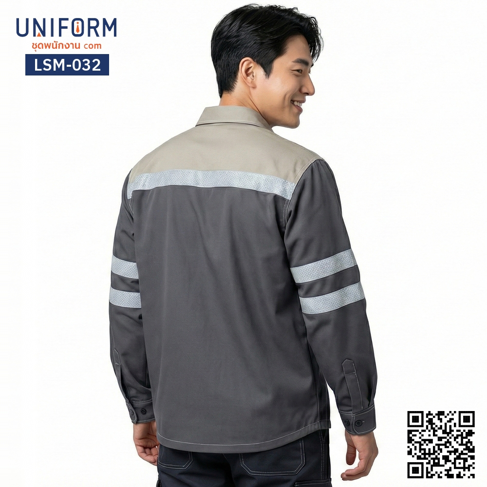 LSM-032 เสื้อช็อปช่างแขนยาว ทูโทน สีเทากากี คอปก