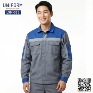 LSM-035 เสื้อช็อปช่างแขนยาว ทูโทน สีเทาน้ำเงิน ดีไซน์เท่