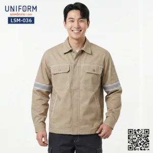 LSM-036 เสื้อช็อปช่างแขนยาว สีกากี ดีไซน์มืออาชีพ