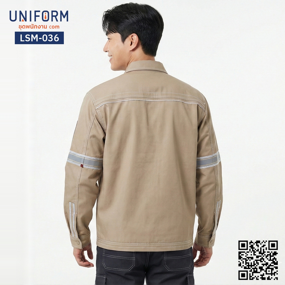 LSM-036 เสื้อช็อปช่างแขนยาว สีกากี ดีไซน์มืออาชีพ